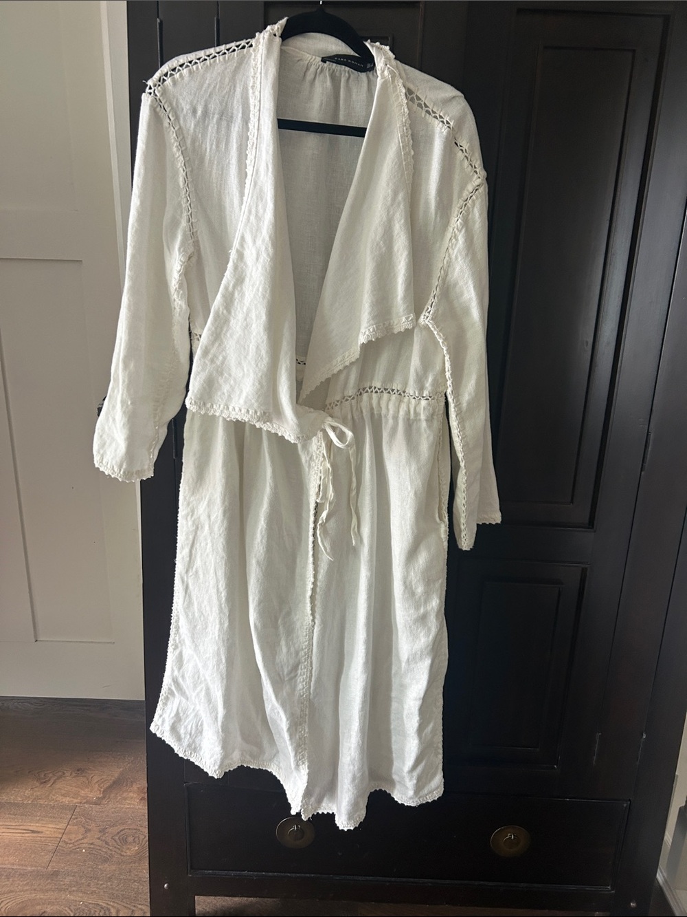 Zara White Lightweight Open-Front Dress Coat with Drawstring